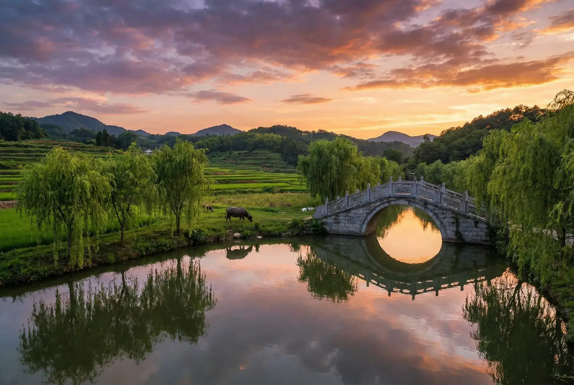夕阳下的石拱桥与垂柳，水牛在河边吃草 - 漂亮的保姆韩国完整版免费 乡村美景